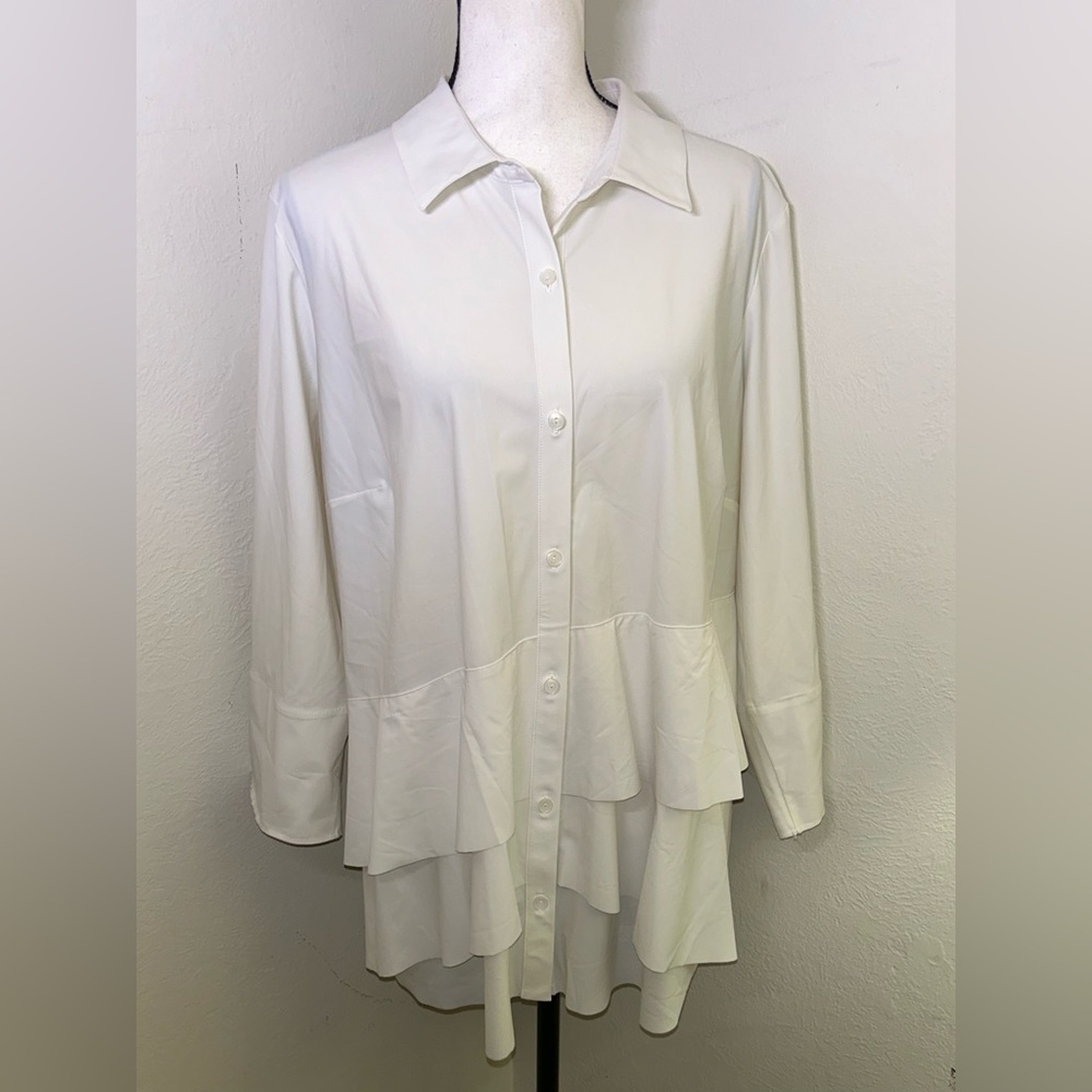 NWT Women's Alfani Bright White Poplin Ruffle Blouse